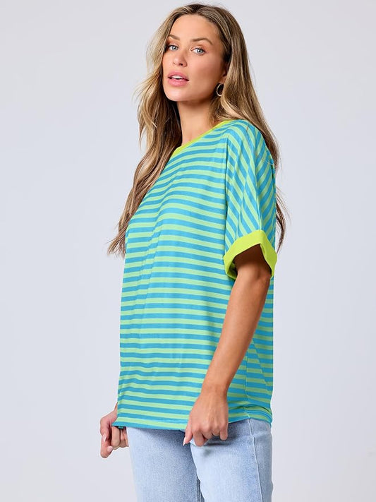 ANRABESS Womens Oversized T Shirts Striped Basic Tees Short Sleeve Crewneck Casual Loose Tops Shirts 2025 Summer Outfits