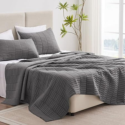 EXQ Home Quilt Set FullQueen Size Grey 3 Piece,Lightweight Soft Coverlet Modern Style Stitched Quilt Pattern Bedspread Set for All Season(1 Quilt,2 Pillow Shams)