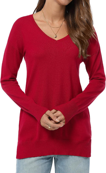 QUALFORT Women's V-Neck Long Sweater Lightweight Pullover Tunic Cotton Sweaters Long Sleeve Knit Comfort Causal Tops