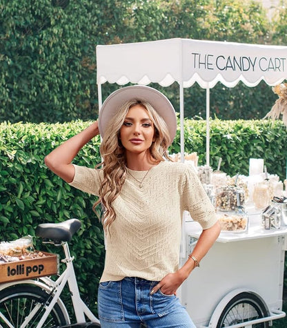 Summer Tops for Women Short Sleeves Pullover Sweaters Knit Blouse Cute Dot Sweater Shirt