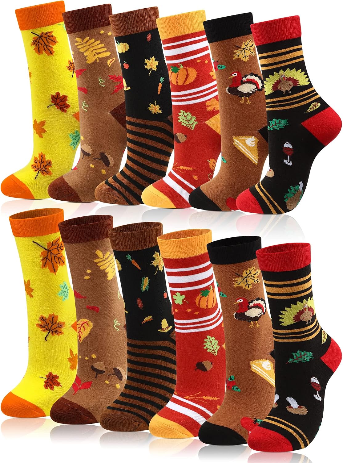 12 Pairs Thanksgiving Fall Autumn Socks Bulk Harvest Fuzzy Holiday Novelty Socks Unisex Turkey Pumpkin Thanksgiving Harvest Themed Funny Stocking Gifts for Women Adult Girls Men