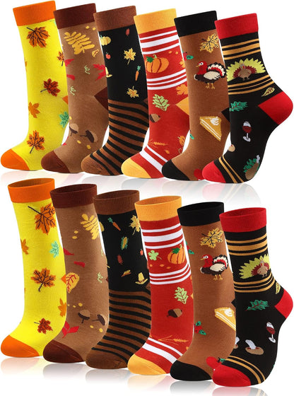 12 Pairs Thanksgiving Fall Autumn Socks Bulk Harvest Fuzzy Holiday Novelty Socks Unisex Turkey Pumpkin Thanksgiving Harvest Themed Funny Stocking Gifts for Women Adult Girls Men