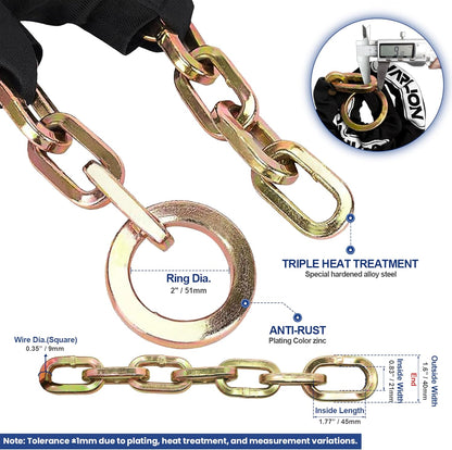 Heavy Duty Security Chain, 15ft x 3/8in (9mm) Thick, Anti-Theft & Cut-Proof Motorcycle Chain with Cinch Ring - Secure Generators, ATVs, Ebikes & 2-Wheeled Vehicles