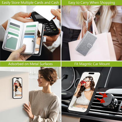 Varikke for iPhone 16 Pro Max Wallet Case Detachable with Card Holder for Women, Fashion Glitter PU Leather Strap Magnetic Flip Wallet Removable Phone Case Cover for iPhone 16 Pro Max 6.9", Silver