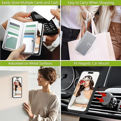 Varikke for iPhone 16 Pro Max Wallet Case Detachable with Card Holder for Women, Fashion Glitter PU Leather Strap Magnetic Flip Wallet Removable Phone Case Cover for iPhone 16 Pro Max 6.9", Silver