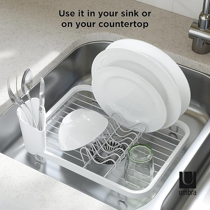 Umbra Sinkin Dish Drying Rack  Drainer Caddy with Removable Cutlery Holder  Use In Sink or On Counter, Standard, WhiteNickel