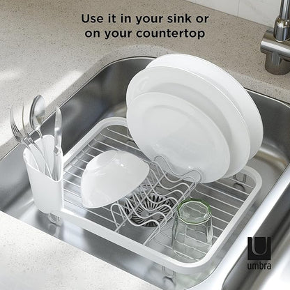 Umbra Sinkin Dish Drying Rack  Drainer Caddy with Removable Cutlery Holder  Use In Sink or On Counter, Standard, WhiteNickel