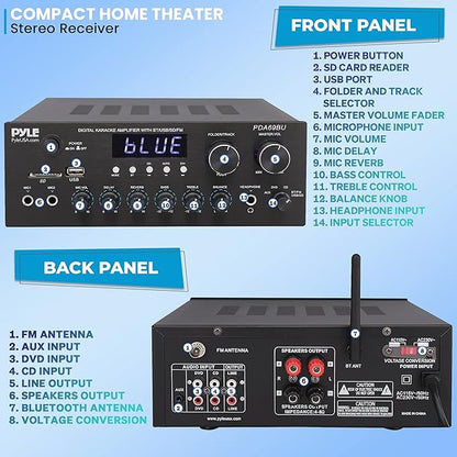 Pyle Stereo Amplifier Audio Receiver with Remote Control - Bluetooth Streaming, MP3/USB/SD/FM Radio, 2.0 Channel HiFi Sound System with RCA/Aux Inputs, Microphone & Headphone Jacks, Adjustable Bass
