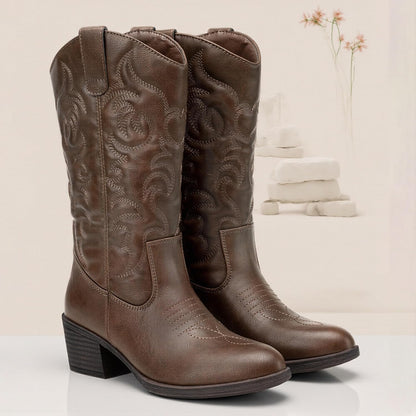 Vepose Women's Cowboy Boots Western Cowgirl Round Toe Mid Calf Boots for Women
