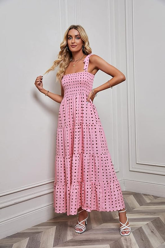 kinstell Women's Summer Boho Spaghetti Strap Square Neck Ruffle Casual Flowy Long Dress Beach Swing Party Maxi Dress
