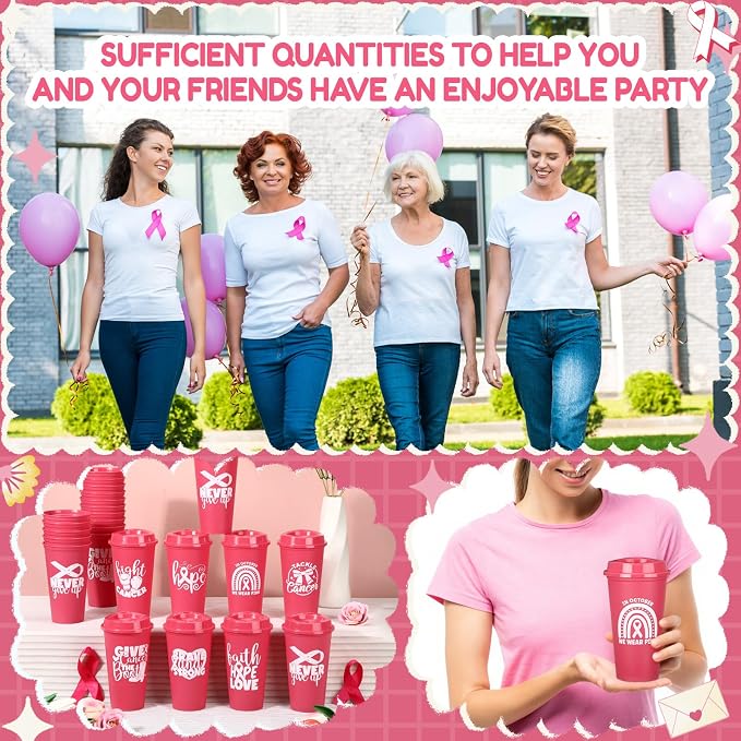 LemonRoad 24 Pcs Breast Cancer Awareness Plastic Tumblers with Lids 16oz Pink Ribbon Coffee Cups for Women Breast Cancer Survivor Gifts Party Event Supplies
