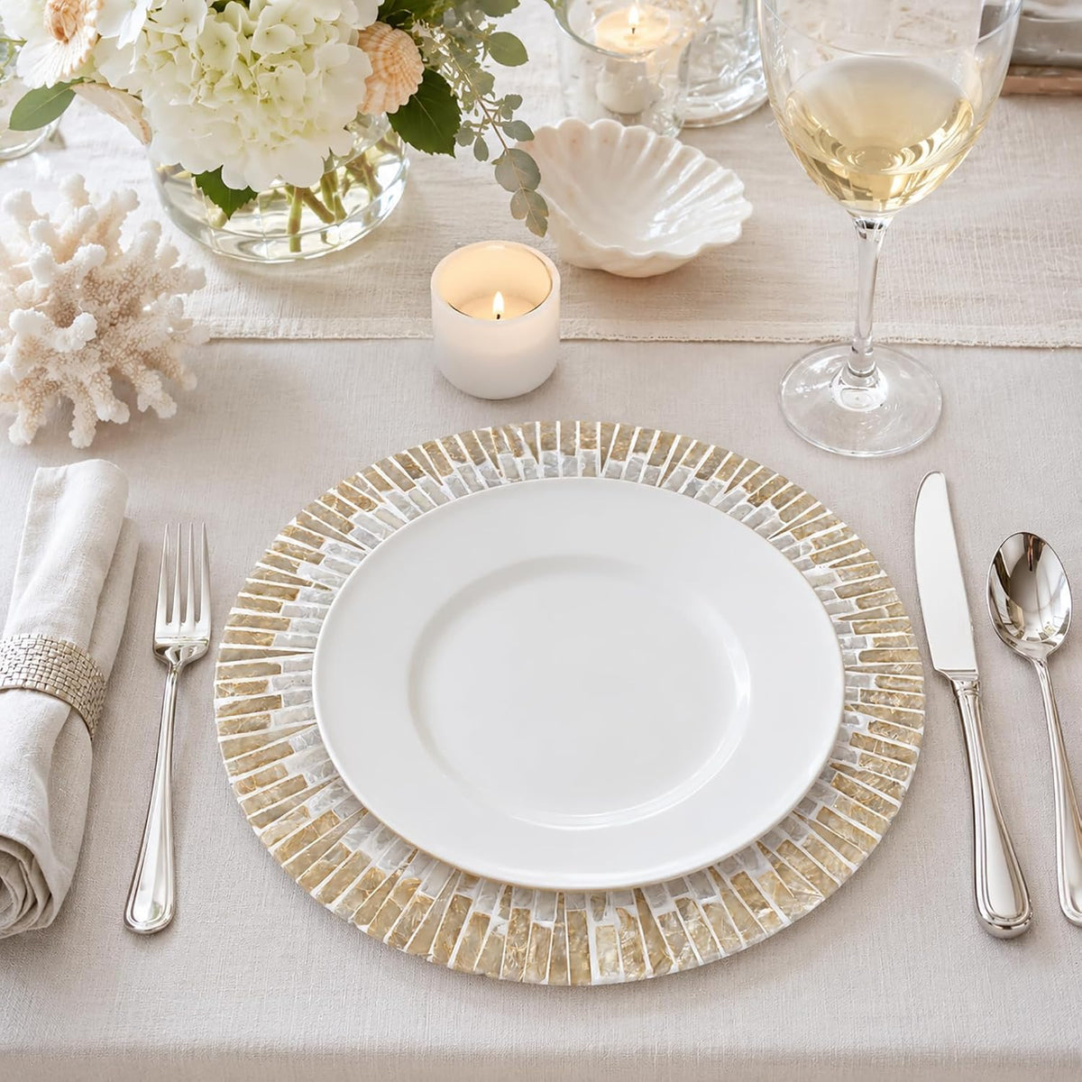 i-lan 13Inch 2 Pack Mother Of Pearl Decorative Plates for Display, Sea Shell Inlay Wood Charger Plates for Dining, Party, Modern and Rustic Decoration Placemats for Dinner Plates,Champagne Gold
