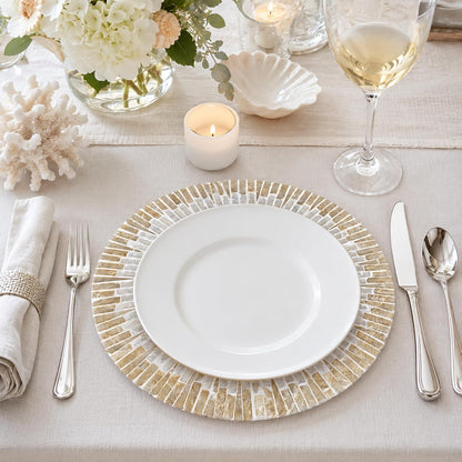 i-lan 13Inch 2 Pack Mother Of Pearl Decorative Plates for Display, Sea Shell Inlay Wood Charger Plates for Dining, Party, Modern and Rustic Decoration Placemats for Dinner Plates,Champagne Gold
