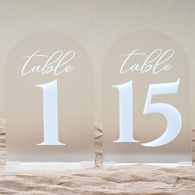 Frosted Wedding Table Numbers w/Stands 1-15, Bold, White Print 4x6 Arch Acrylic Table Numbers - Elegant & Sturdy Reusable Table Numbers for Wedding Reception Centerpiece