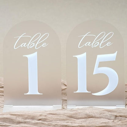 Frosted Wedding Table Numbers w/Stands 1-15, Bold, White Print 4x6 Arch Acrylic Table Numbers - Elegant & Sturdy Reusable Table Numbers for Wedding Reception Centerpiece