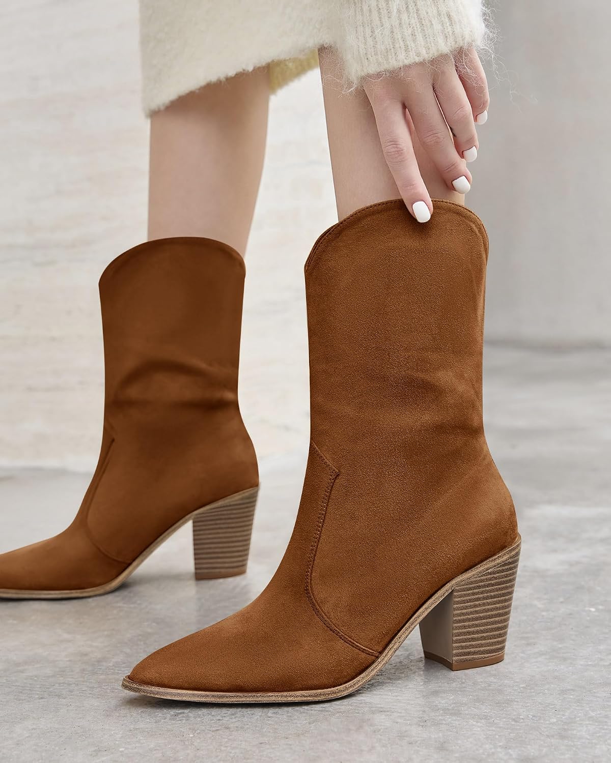 Womens Cowboy Mid Calf Boots Chunky Block Heel Pointed Toe Suede Western Cowgirl Boots
