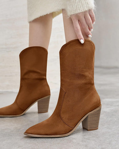 Womens Cowboy Mid Calf Boots Chunky Block Heel Pointed Toe Suede Western Cowgirl Boots
