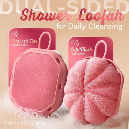 Double-Sided Shower Loofah - Exfoliating Shower Scrubber for Body, Non-Slip Silicone Grip, Soft Mesh & Textured Exfoliating Side, 2-in-1 Bath Sponge & Loofah - 1 Pack, pink