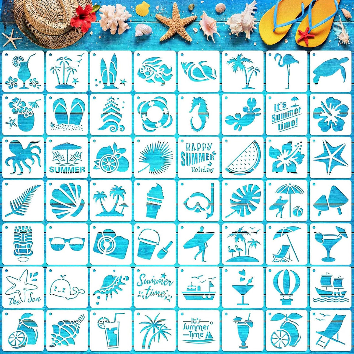 Augshy Beach Stencils, 56 Pack Summer Beach Wood Hawaiian Ocean Life Stencils for Scrapbooking Drawing Wall Floor Decor DIY Rock Painting Art Projects (3 Inch)