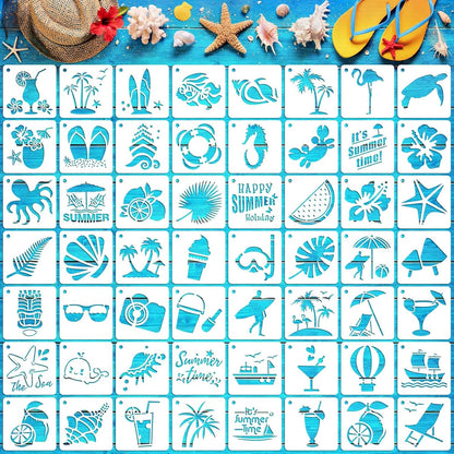 Augshy Beach Stencils, 56 Pack Summer Beach Wood Hawaiian Ocean Life Stencils for Scrapbooking Drawing Wall Floor Decor DIY Rock Painting Art Projects (3 Inch)