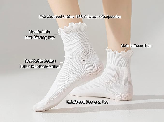 Women's Trim Ruffle Frilly Turn Cuff Socks - Cute Vintage Dress Crew Ankle Boot Socks