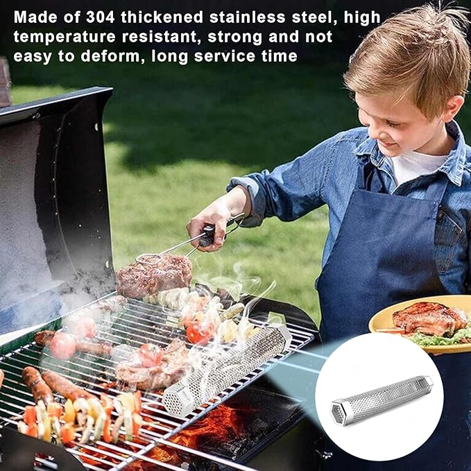 Pellet Smoker Tube, Pellet Charcoal BBQ Net, Stainless Steel BBQ Wood Pellet Tube Smoker with Ventilation Holes, Easy to Clean Reusable Grill Accessory for BBQ, Camping Essential 12Inch