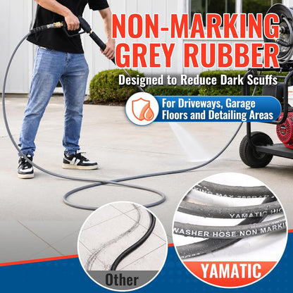 YAMATIC Non Marking 1/4" 4200 PSI Pressure Washer Hose 50 FT for Hot/Cold Water Rubber Wire Braided, Kink Resistant Swivel Quick Connection, Industry Grade for Power Washer, Super Wear Resistant