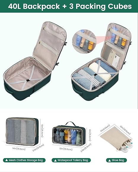 LOVEVOOK Large Travel Backpack for Women, Carry On Bag Flight Approved, 40L TSA Personal Item Travel Bag with 3 Packing Cubes, Waterproof 17 Inch Laptop Hiking Casual Backpack