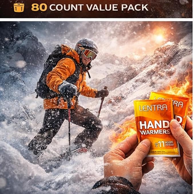 Hot Hand Warmers - 80 Count - 11 Hours Long Lasting Air Activated Heat Packs for Hands, Toes and Body, Natural Safe and Odorless Single Use Up to 11 Hours of Heat - TSA Approved