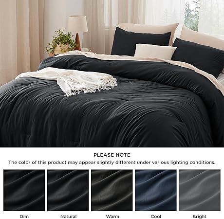 Bedsure Queen Size Comforter Set, Black Soft Prewashed Bedding for All Seasons, 3 Pieces GentleSoftTM Warm Down Alternative Bed Set, 1 Lightweight Comforter (90"x90") and 2 Pillowcases (20"x26")