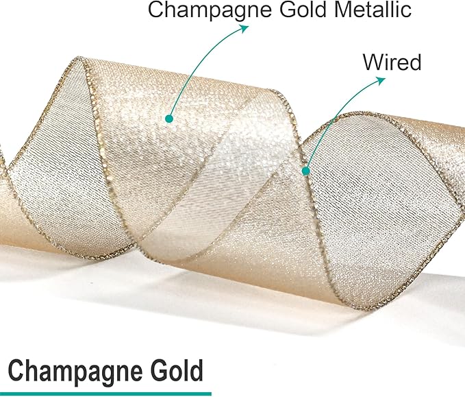 CT CRAFT LLC Champagne Gold Metallic Wired Ribbon 2.5 inch x 10 Yards for Christmas Home Decor Tree Topper Bow Gift Wrapping DIY Crafts Wreath Garland Wedding