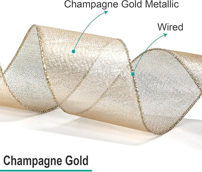 CT CRAFT LLC Champagne Gold Metallic Wired Ribbon 2.5 inch x 10 Yards for Christmas Home Decor Tree Topper Bow Gift Wrapping DIY Crafts Wreath Garland Wedding