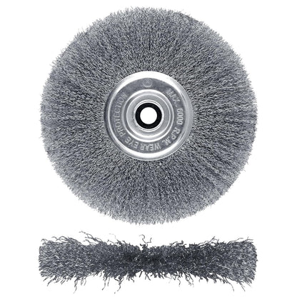 8 Inch Wire Wheel for Bench Grinder - Fine Crimped Wire Brush with 1/2" and 5/8" Arbor(0.012Inch Wire Size), Efficiently Polish Nuts, Bolts and Assorted Car Parts.