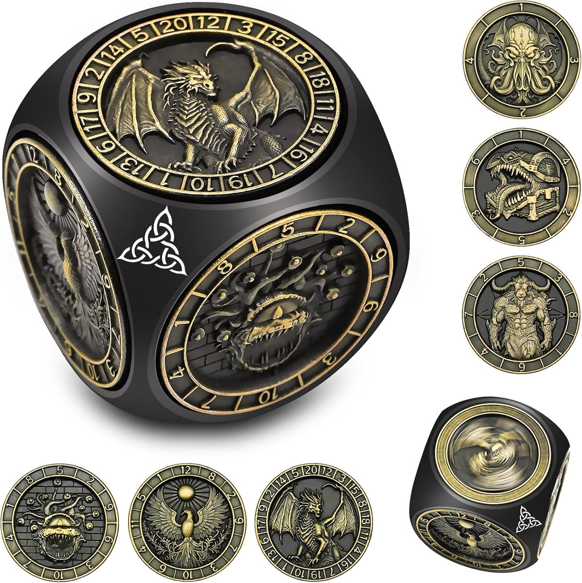 DND Spinner Dice, 7 in 1 Unique Metal Dice Set with 3D Relief for Dungeons and Dragons Gifts, Cool Polyhedral Role Playing Game Dice, Fantasy D&D Tabletop RPG Accessories for DM & Player (COLOR DIFFERENT FROM PICTURE. Color: Metallic Dark Gray)