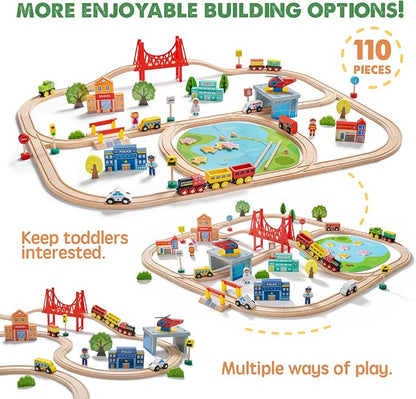 110-piece wooden train set sparks creativity and imagination in young kids, entertaining them for hours.