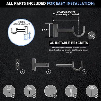 BlastHome Luxury Adjustable Curtain Rod Brackets  Premium Quality Heavy Metal Replacement Accessory  Signature Collection, Set of Two  Fits Up to 1 14" Diameter Curtain Rods  Matte Graphite