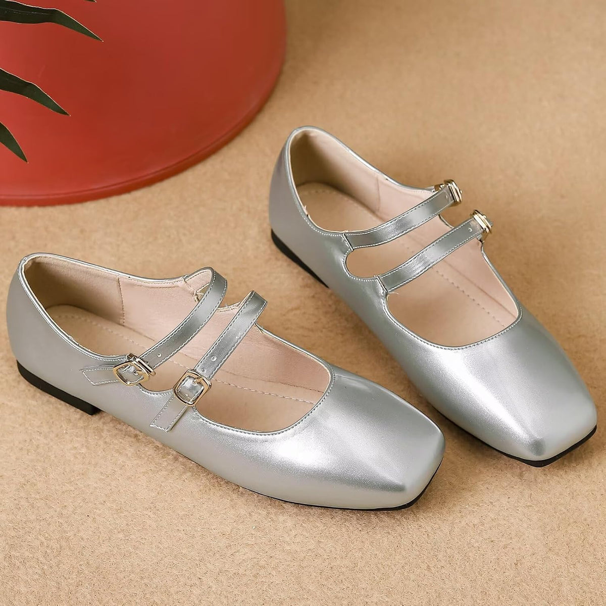 Stunner Women's Mary Jane Flats Retro Square Toe Soft Ballet Flats Comfort Double Line Strap Wedding Dressy Flats 2.
