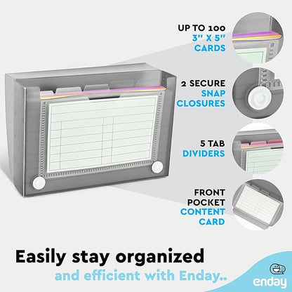 Enday Index Card Holder Grey, 3x5 Note Flash Card Organizer Case, File Box with 5 Dividers, Notecard Box Holds 100 Cards, Also Available in Red, Purple, Green, Pink, Blue, 1 Pack