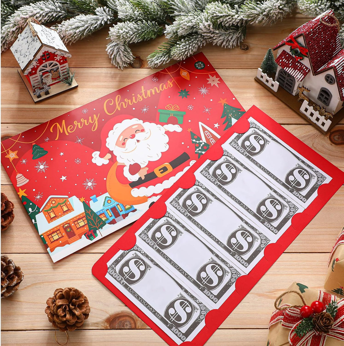 Humyoun Jumbo 14" x 8" Christmas Money Cash Holder with Envelopes, Classic 6 Money Slots for Cash Gifts, Santa Festive Theme Red Cover, Holiday Present Money Holder for Family Friends Xmas Parties