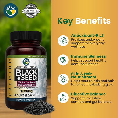 Amazing Herbs Premium Black Seed Oil Capsules - Gluten Free, Non GMO, Cold Pressed Nigella Sativa Aids in Digestive Health, Immune Support- 90 Count, (Pack of 1)