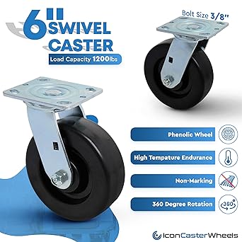 ICON Caster Wheels 6" x 2" PHN Heavy Duty Industrial Swivel Caster, Top Plate 4" x 4.5", Black, Non-Marking Phenolic Wheel, Load Capacity 1200 lbs. per Caster