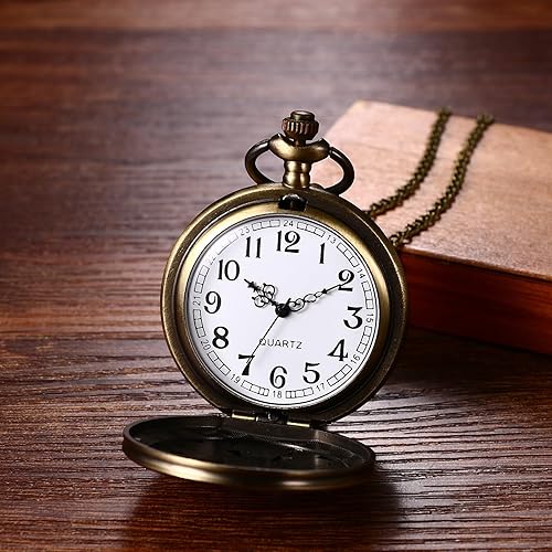 Avaner Women's Quartz Pocket Watches: Half Hunter Bronze Arabic Numeral Pocket Watches with Chain