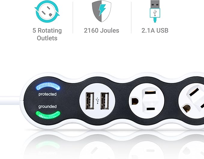 360 Electrical 36052 White Surge Protector, 5-Outlet  2 USB  4 ft. Cord