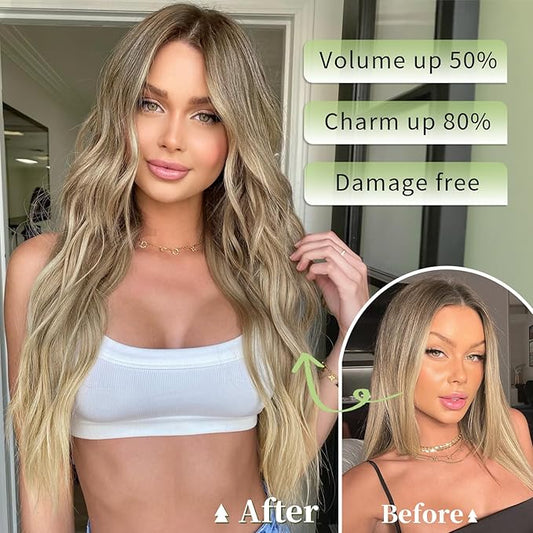 KooKaStyle Invisible Wire Hair Extensions with Transparent Wire Adjustable Size 4 Secure Clips Long Wavy Secret Synthetic Hairpiece 20 Inch for Women(Ash Brown mix Bleach Blonde)