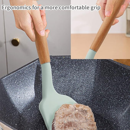 Silicone Solid Spatula with Wooden Handle, Heat Resistant and Non Stick Cooking Utensil, Kitchen Turner for Frying, Baking, Flipping, Mixing, Serving, Draining, Stirring (light green)