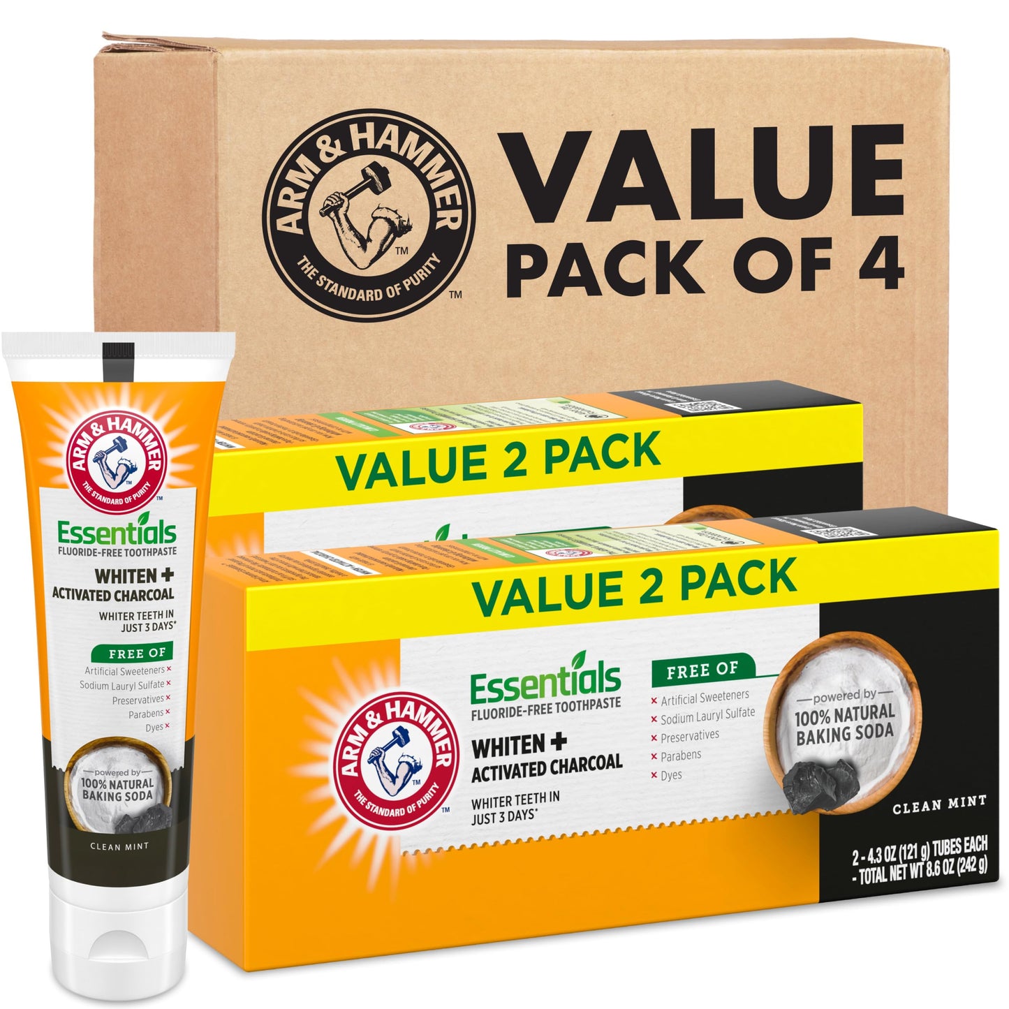 ARM & HAMMER Essentials Fluoride-Free Toothpaste, Whitening + Activated Charcoal Toothpaste, ( 2Pack of 4.3oz ) Tubes, Clean Mint, 100% Natural Baking Soda