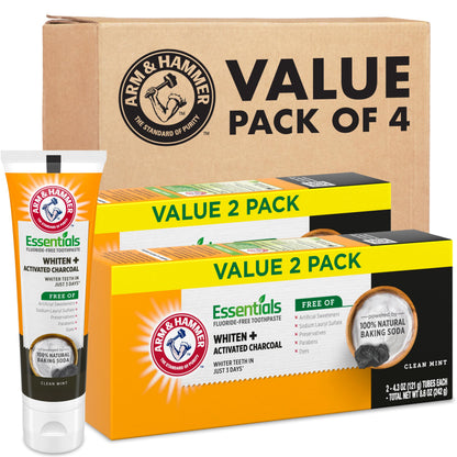 ARM & HAMMER Essentials Fluoride-Free Toothpaste, Whitening + Activated Charcoal Toothpaste, ( 2Pack of 4.3oz ) Tubes, Clean Mint, 100% Natural Baking Soda