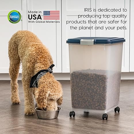 IRIS USA Airtight Dog Food Storage Container, Up to 54 lbs, Attachable Wheels, For Dog Cat Bird and Other Pet Food Storage Bin, Keep Fresh, Translucent Body, Easy Mobility, Navy