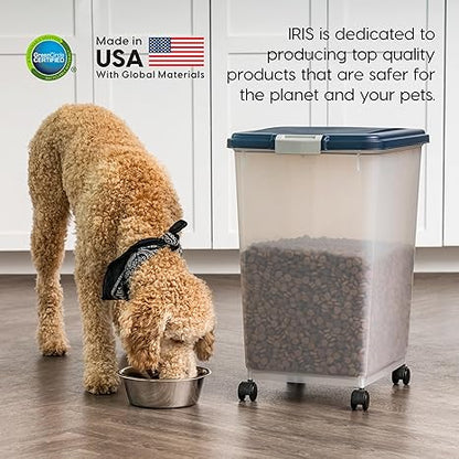 IRIS USA Airtight Dog Food Storage Container, Up to 54 lbs, Attachable Wheels, For Dog Cat Bird and Other Pet Food Storage Bin, Keep Fresh, Translucent Body, Easy Mobility, Navy