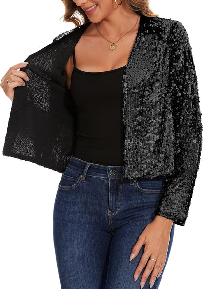 MINTLIMIT Sequin Shrug for Women Shiny Sparkle Long Sleeve Open Front Cropped Cardigans Party Glitter Bolero Jacket,XL,Black